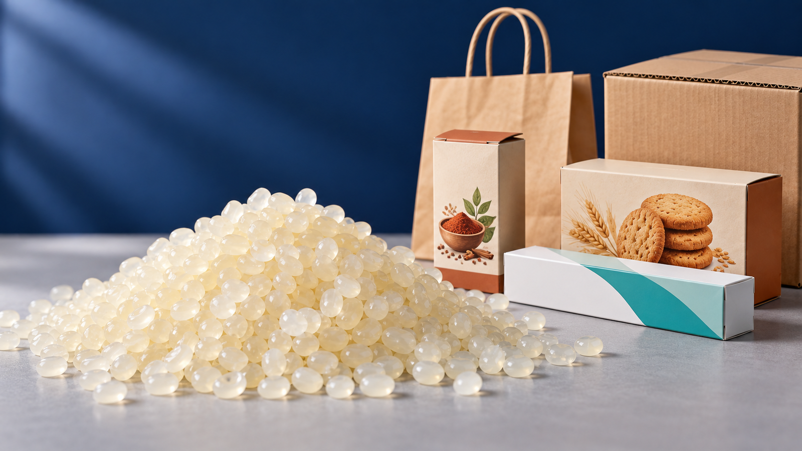 Illustration of adhesive pellets, spice, toothpaste and cookie cartons, a paper bag and a corrugated shipper carton
