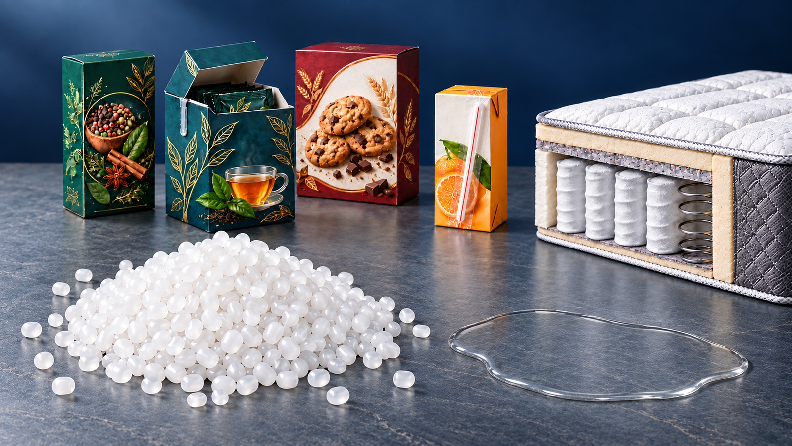 Illustration of milky-white polyolefin pellets, a clear molten adhesive spill, retail cartons, a straw-attached beverage carton and a pocket-spring mattress